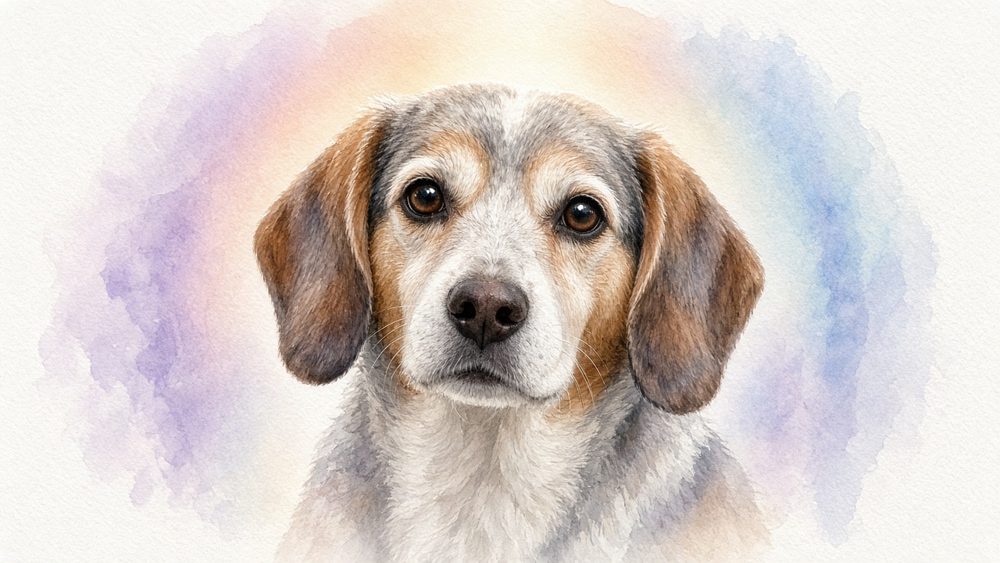 In Loving Memory style sample: a senior beagle in soft watercolor with pastel rainbow tones