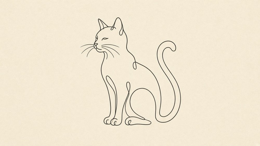 Minimal line art style sample: a sitting cat drawn in one black line