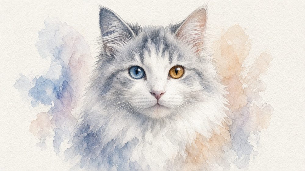 Watercolor style sample: a grey and white cat with one blue and one amber eye