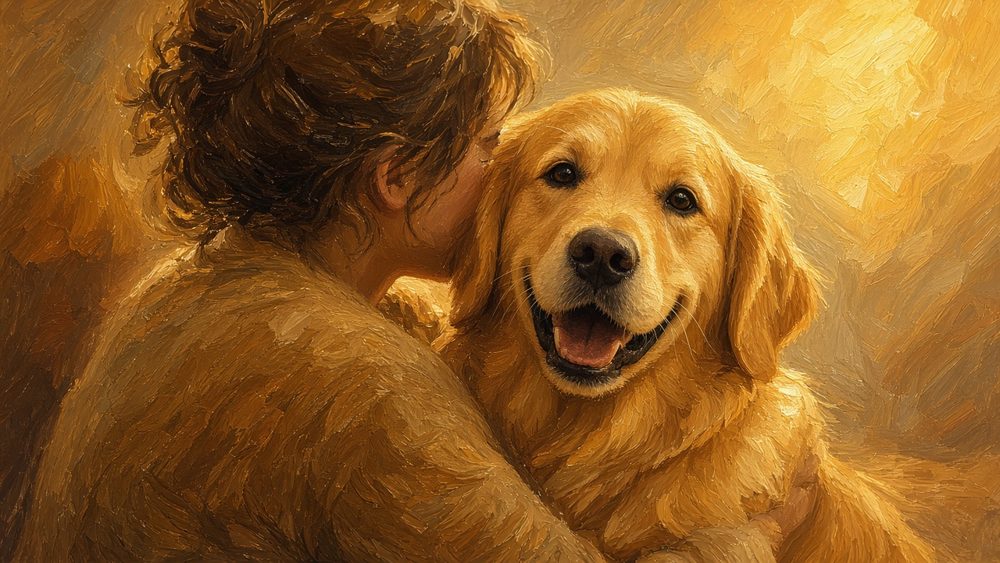 You + Your Pet style sample: a person hugging a golden retriever, painted in warm oils
